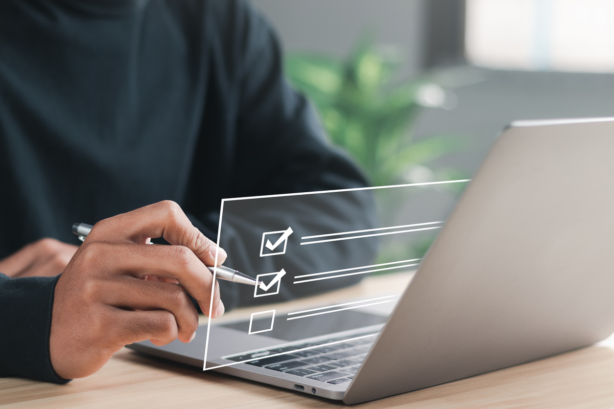 Questionnaire with checkboxes, filling survey form online, answer questions of test. Survey form concept. Education futuristic technology and learning concept. product launch checklist.